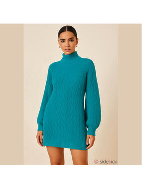NWT 525 Size L Teal Blue Oversized Cable Knit Turtleneck Tunic Sweater